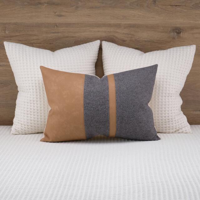 Camel Faux Leather Color Block Lumbar Pillow Cover, Gray Textured Fabric - image 1