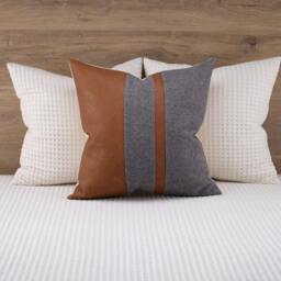 Camel Faux Leather Color Block Lumbar Pillow Cover, Gray Textured Fabric - thumbnail 4