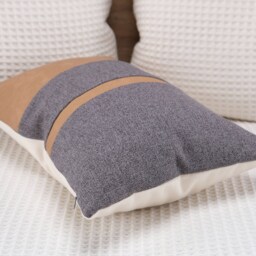 Camel Faux Leather Color Block Lumbar Pillow Cover, Gray Textured Fabric - thumbnail 2