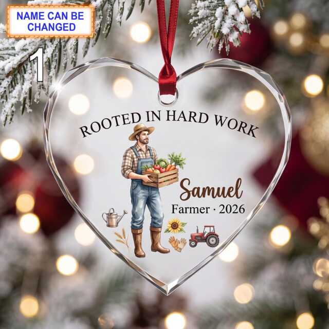 Rooted in Hard Work Christmas Glass Ornament, Custom Farmer Keepsake With Produce Basket, Tractor, Clothes & Rustic Farm Details - image 1