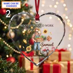 Rooted in Hard Work Christmas Glass Ornament, Custom Farmer Keepsake With Produce Basket, Tractor, Clothes & Rustic Farm Details - thumbnail 2