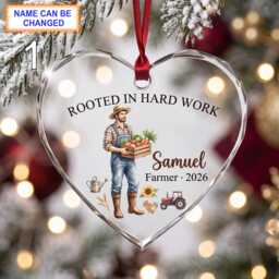 Rooted in Hard Work Christmas Glass Ornament, Custom Farmer Keepsake With Produce Basket, Tractor, Clothes & Rustic Farm Details - thumbnail 1
