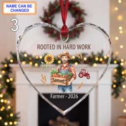 Rooted in Hard Work Christmas Glass Ornament, Custom Farmer Keepsake With Produce Basket, Tractor, Clothes & Rustic Farm Details - thumbnail 3
