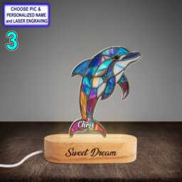 Personalized Colorful Dolphin Acrylic Night Light With Name Engraving, Beech Wood Led Lamp, Custom Laser Engraved Gift - thumbnail 3