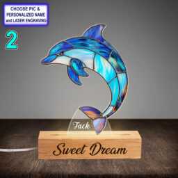 Personalized Colorful Dolphin Acrylic Night Light With Name Engraving, Beech Wood Led Lamp, Custom Laser Engraved Gift - thumbnail 2