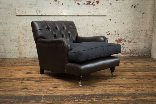 British Handmade Vintage Black Leather Chesterfield Armchair, With Charcoal Grey Herringbone Wool - image 1
