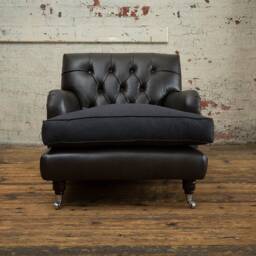 British Handmade Vintage Black Leather Chesterfield Armchair, With Charcoal Grey Herringbone Wool - thumbnail 2