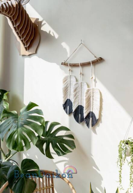 Boho Feather Wall Hanging, Modern Macrame Art, Decor, Nursery Home Living Room Unique Plant Lover Gifts L05 - image 1