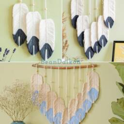Boho Feather Wall Hanging, Modern Macrame Art, Decor, Nursery Home Living Room Unique Plant Lover Gifts L05 - thumbnail 3