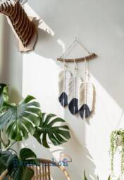 Boho Feather Wall Hanging, Modern Macrame Art, Decor, Nursery Home Living Room Unique Plant Lover Gifts L05 - thumbnail 1