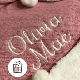 Personalised Newborn Childrens Baby Nursery Cable Knitted Blanket Italic Name Embroidered Pom Pom/Sherpa Wrap Photography Shoot Prop Gift - thumbnail 3