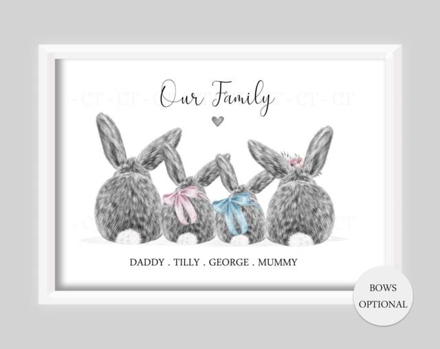 Personalised Bunny Rabbit Family Tail Print Gift New Baby Birth Up To 5 Children Only Unframed Black & White Pink Blue Bow Girl Boy - image 1