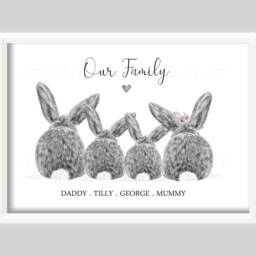 Personalised Bunny Rabbit Family Tail Print Gift New Baby Birth Up To 5 Children Only Unframed Black & White Pink Blue Bow Girl Boy - thumbnail 2