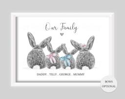 Personalised Bunny Rabbit Family Tail Print Gift New Baby Birth Up To 5 Children Only Unframed Black & White Pink Blue Bow Girl Boy - thumbnail 1