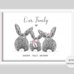 Personalised Bunny Rabbit Family Tail Print Gift New Baby Birth Up To 5 Children Only Unframed Black & White Pink Blue Bow Girl Boy - thumbnail 3