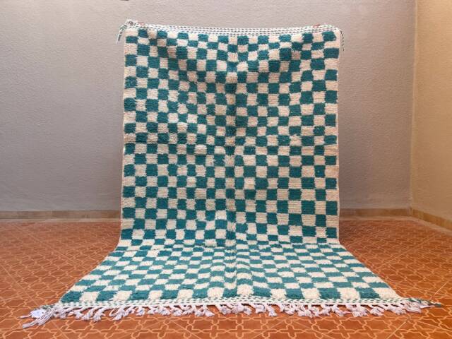 Blue & White Checkered Wool Rug - Custom Size Moroccan Berber - image 1