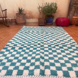 Blue & White Checkered Wool Rug - Custom Size Moroccan Berber - thumbnail 3