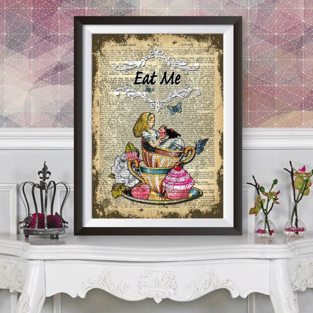 Alice in Wonderland Wall Art, Eat Me, Dictionary Book Artwork Poster, Original Illustration, Poster Print