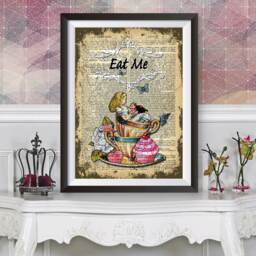 Alice in Wonderland Wall Art, Eat Me, Dictionary Book Artwork Poster, Original Illustration, Poster Print