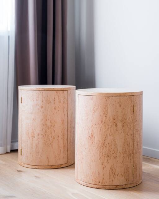 Handcrafted Cylinder Nightstand With Doors in Exotic Burl Woods - Unique Bedroom Storage - image 1