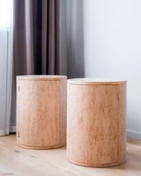 Handcrafted Cylinder Nightstand With Doors in Exotic Burl Woods - Unique Bedroom Storage - thumbnail 1
