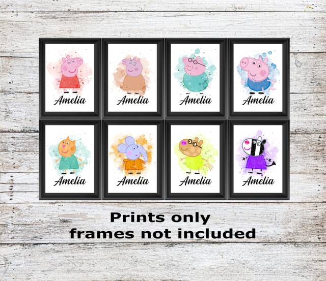 Personalised Peppa Pig Mummy Daddy George Zoe Zebra.... Unframed Watercolour Wall Art Childrens Bedroom Poster A5 A4 A3 High Quality Prints - image 1