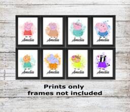 Personalised Peppa Pig Mummy Daddy George Zoe Zebra.... Unframed Watercolour Wall Art Childrens Bedroom Poster A5 A4 A3 High Quality Prints - thumbnail 1