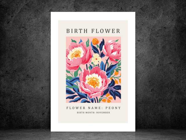 Birth Flower Print November Peony - Birthday Month Poster Botanical Wall Art Gift Idea A5 A4 A3 Framed Or Unframed - image 1
