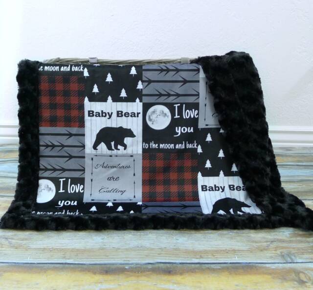 Ready To Ship - Personalized Minky Baby Blanket Faux Quilt Bear Boy Gift Woodland Animals Newborn - image 1