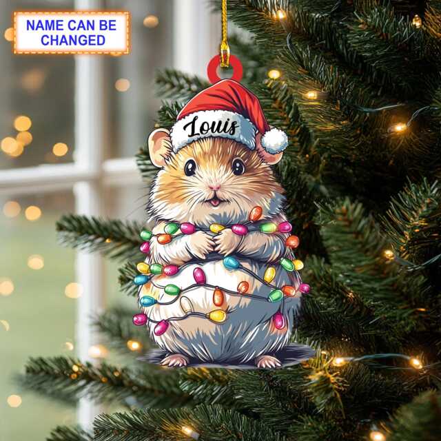 Custom Name Cute Hamster Christmas Lights Personalized Ornament, Tree Hanging Decor, Flat 2D Ornament - image 1