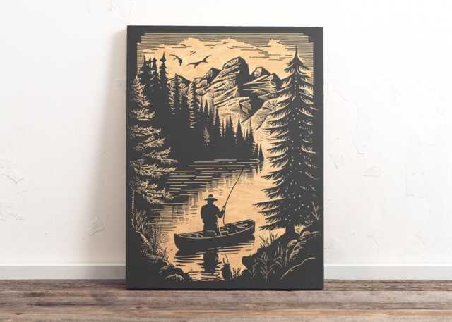 Fishing Scene Engraved Birch Wood Panel - Outdoorsy Gift Rustic Home Wall Art, Forest Lake Cabin Decor Illustration Personalized - image 1