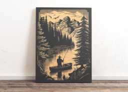 Fishing Scene Engraved Birch Wood Panel - Outdoorsy Gift Rustic Home Wall Art, Forest Lake Cabin Decor Illustration Personalized - thumbnail 1