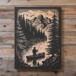 Fishing Scene Engraved Birch Wood Panel - Outdoorsy Gift Rustic Home Wall Art, Forest Lake Cabin Decor Illustration Personalized - thumbnail 2