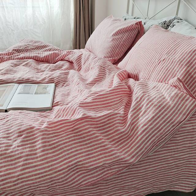 Stone Washed Pure Linen Bedding, Red Striped Duvet Cover + 2 Pillowcases - image 1