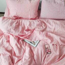 Stone Washed Pure Linen Bedding, Red Striped Duvet Cover + 2 Pillowcases - thumbnail 2