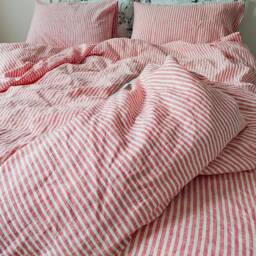 Stone Washed Pure Linen Bedding, Red Striped Duvet Cover + 2 Pillowcases - thumbnail 3