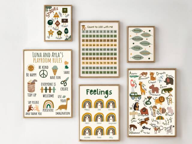 Safari & Jungle Themed Set Of Educational Playroom Prints. Gallery Wall Prints, Printed Shipped - Prints Only - image 1