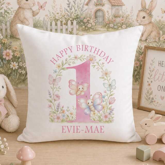 Personalised First Birthday Cushion Cover, Pink Butterfly Name For Girl