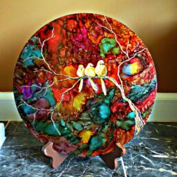 Handpainted Metal Wall Art Floral Bird Design, Round Decor - thumbnail 4