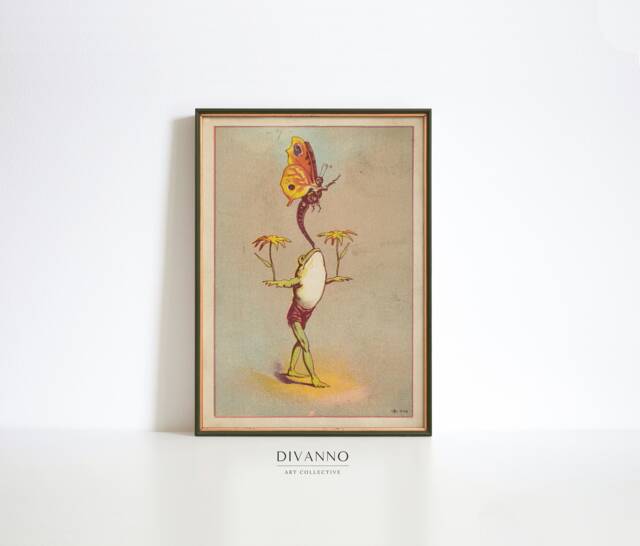 Retro Butterfly Frog Poster, Vintage Animal Canvas, Antique Illustration, Printable Wall Art, Giclee Print, Bathroom Funny Toad Art Decor - image 1