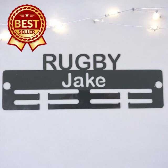 Rugby Medal Hanger - Gloss Colours, Custom Name & Colour - image 1