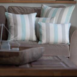 Harbour Stripe Extra-Large Cushion. Aqua Blue, Soft Grey & Seafoam White Nautical Design. 23X23 - thumbnail 2