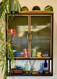 Black Metal Wall Cabinet H86x65cm- Industrial Ribbed Glass Doors - Bathroom Kitchen Storage Organiser -Glazed Display Shelving Cupboard