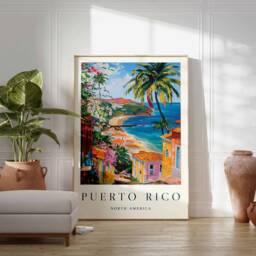 Puerto Rico Travel Poster Tropical Beach & El Morro Fortress - thumbnail 2