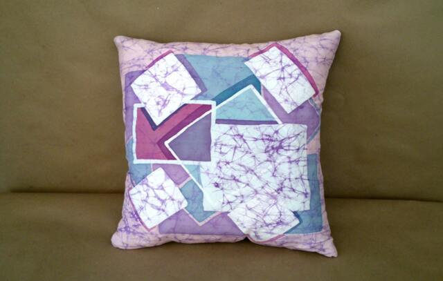 Geometric Pillow Cover, Blue Pink Art Pillow, Batik Case Hand Painted Silk , Modern Cushion, Lines - image 1