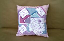 Geometric Pillow Cover, Blue Pink Art Pillow, Batik Case Hand Painted Silk , Modern Cushion, Lines - thumbnail 1