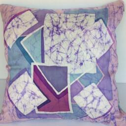 Geometric Pillow Cover, Blue Pink Art Pillow, Batik Case Hand Painted Silk , Modern Cushion, Lines - thumbnail 3