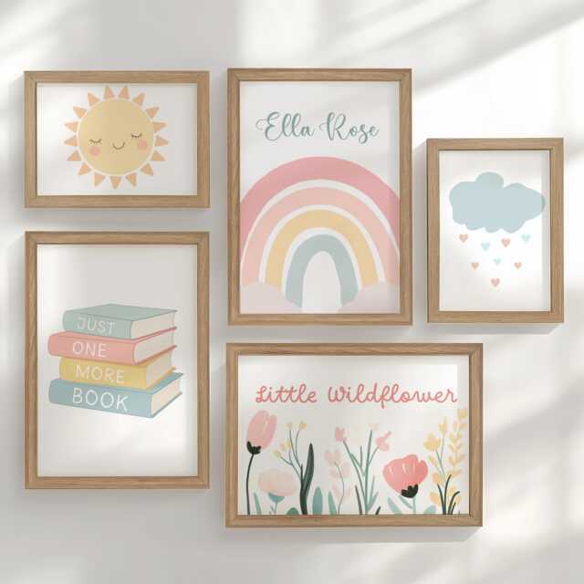 Personalised Pastel Rainbow Nursery Gallery Wall Art Set Of 5, Sunshine Books Wildflower Prints, Framed Or Unframed Baby Girls Bedroom Decor - image 1