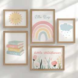 Personalised Pastel Rainbow Nursery Gallery Wall Art Set Of 5, Sunshine Books Wildflower Prints, Framed Or Unframed Baby Girls Bedroom Decor - thumbnail 1