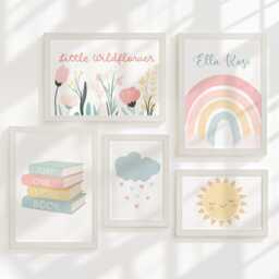 Personalised Pastel Rainbow Nursery Gallery Wall Art Set Of 5, Sunshine Books Wildflower Prints, Framed Or Unframed Baby Girls Bedroom Decor - thumbnail 2